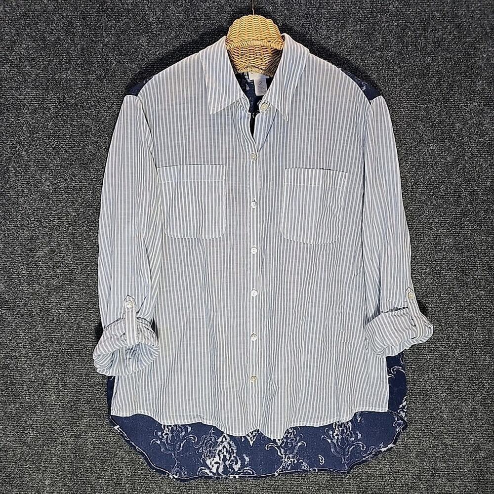 Chico's Mixed Blues Nepal Blue Striped Shirt Sheer Paisley Back Size 2 Large